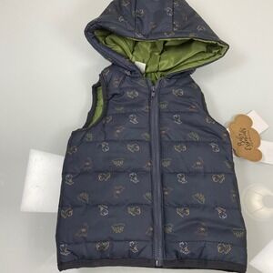 Baby Essentials Kids 18M Navy Blue Dinosaur Puffer Vest NEW Hooded‎ Quilted Zip